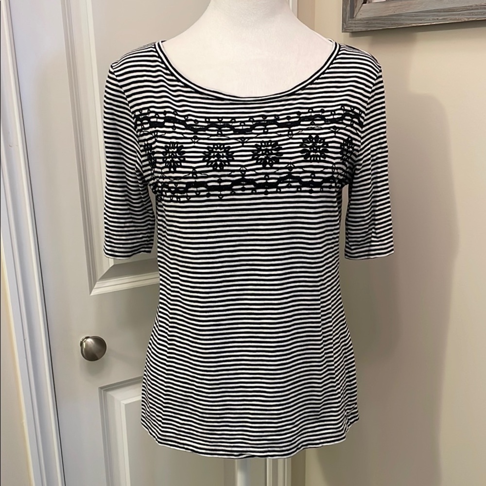 Talbots Black and White Striped Short Sleeve Tee - Picture 2 of 11